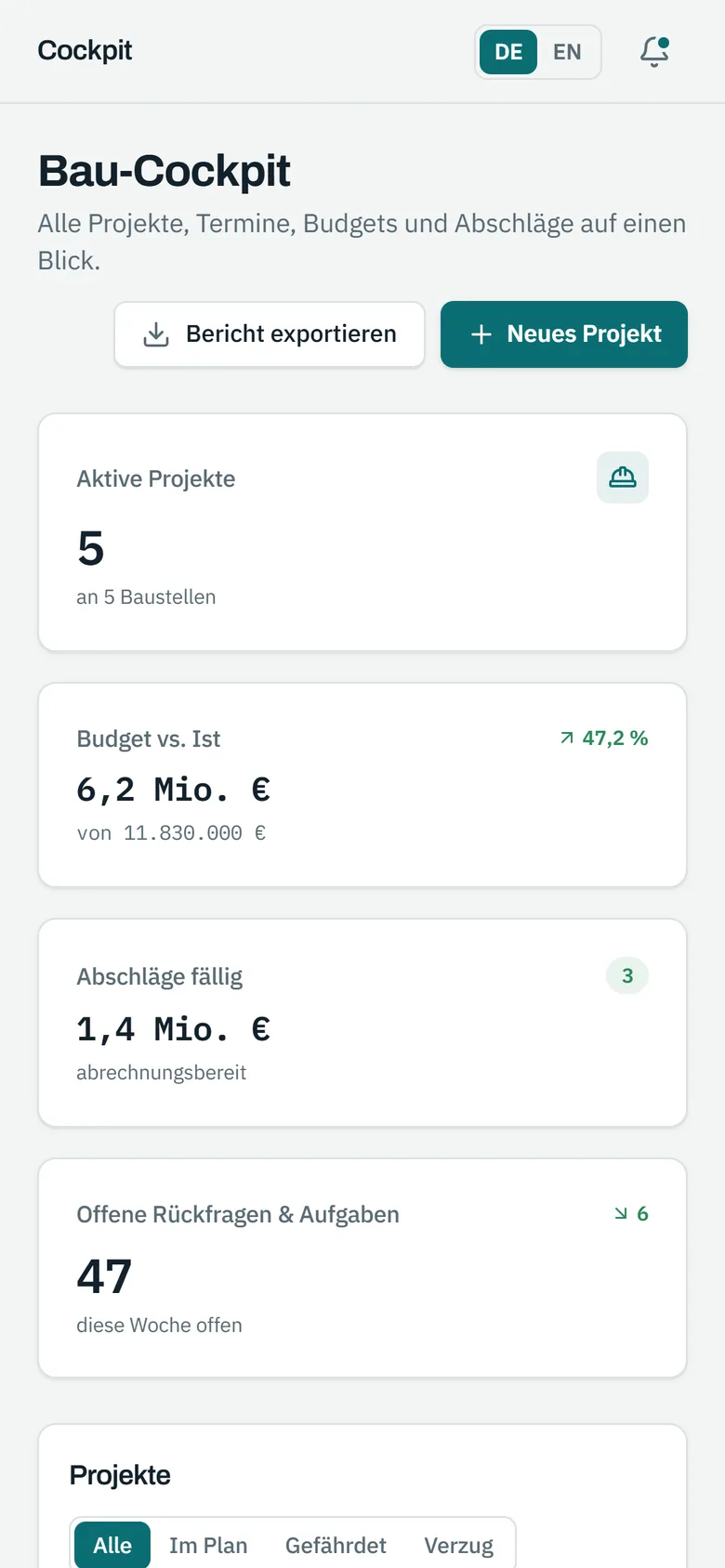 Bauvertical – Dashboard auf dem Smartphone
