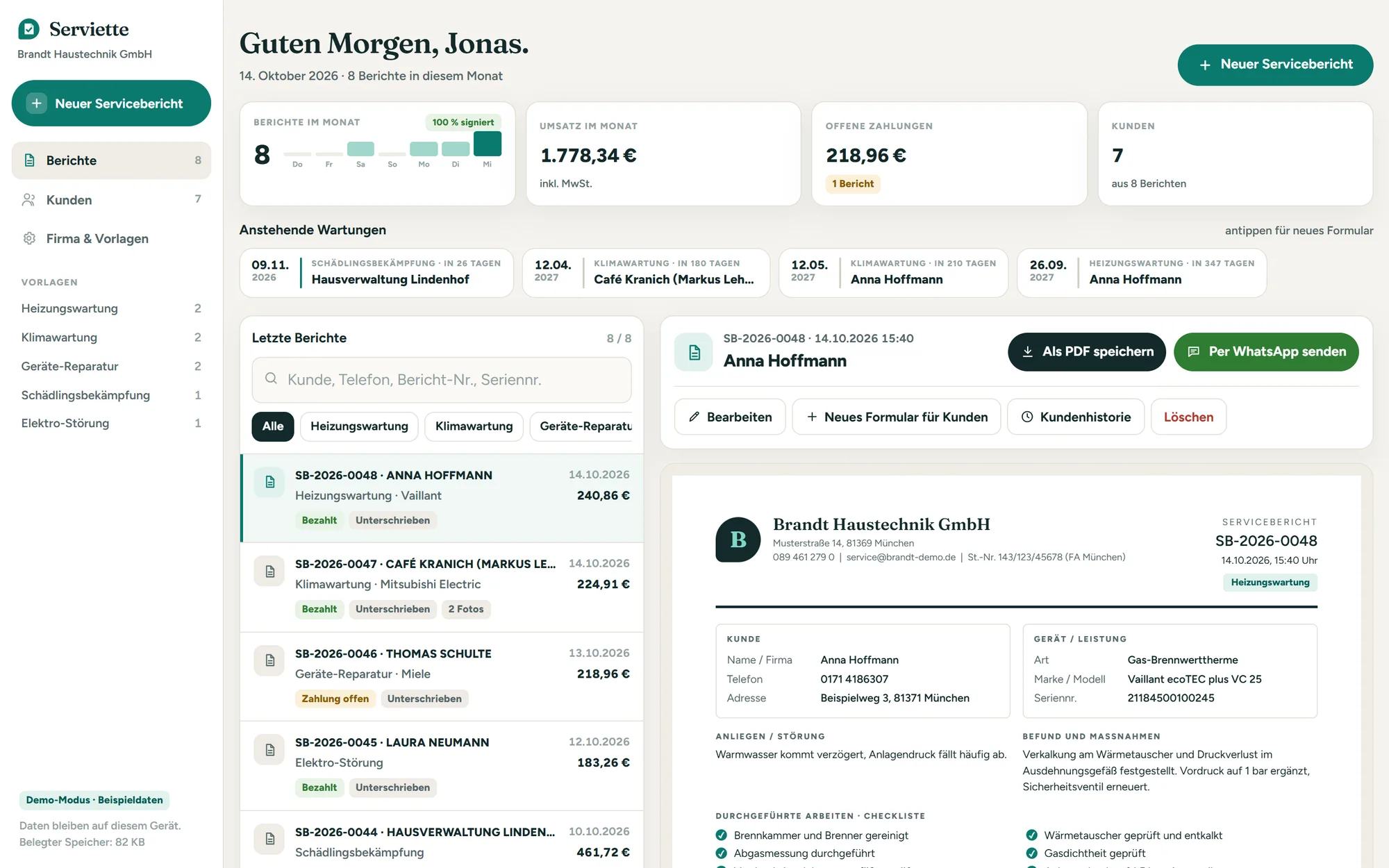 Serviette – Dashboard mit Einsätzen und Berichten