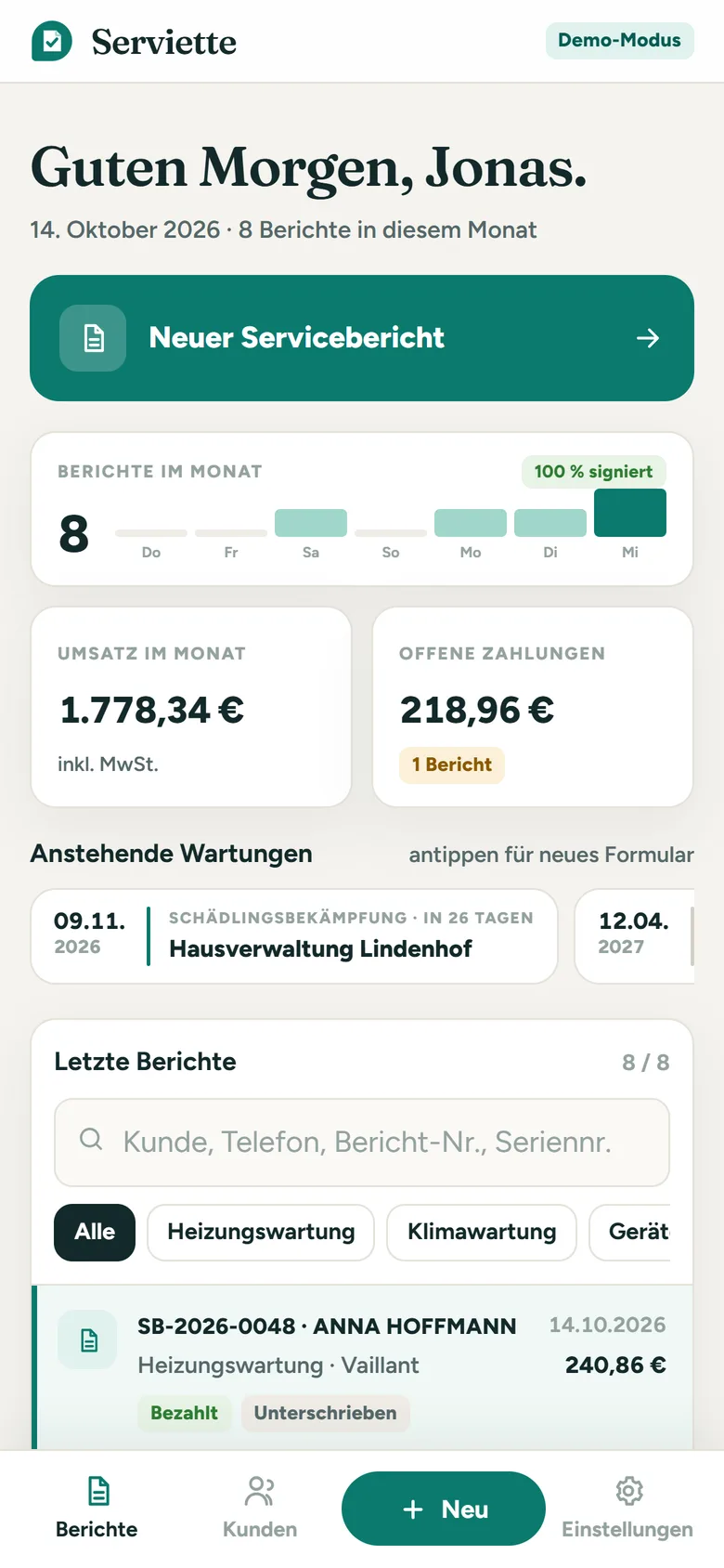 Serviette – Dashboard auf dem Smartphone